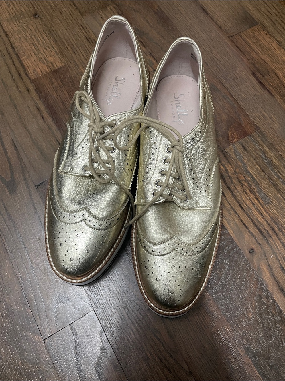 Shellys London Metallic Gold Brogue Lace-Up Flats